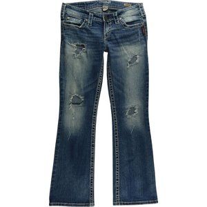 Silver Pioneer Boot Cut Jeans Women's 28 Flap Pockets Destroyed Stretch C655